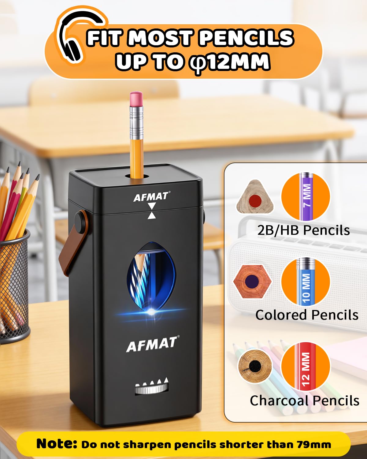 AFMAT Electric Pencil Sharpener, Fully Automatic Pencil Sharpener for 6-12mm No.2/Jumbo Pencils, Auto in & Out, 5 Sharpness Modes, Rechargeable Heavy Duty Sharpeners for Classroom/Home/Office PSC7