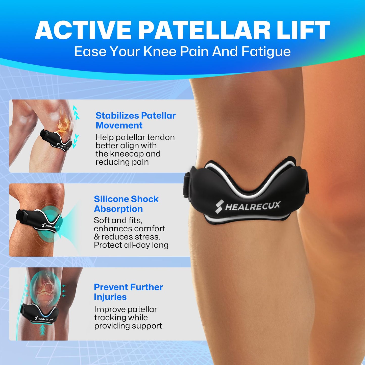 Healrecux Patellar Tendon Support Strap, Silicone Patella Knee Strap, Non-Slip Patella Band Knee Brace for Jumpers Knee, Tendonitis, Basketball, Volleyball - Black 2 Pack