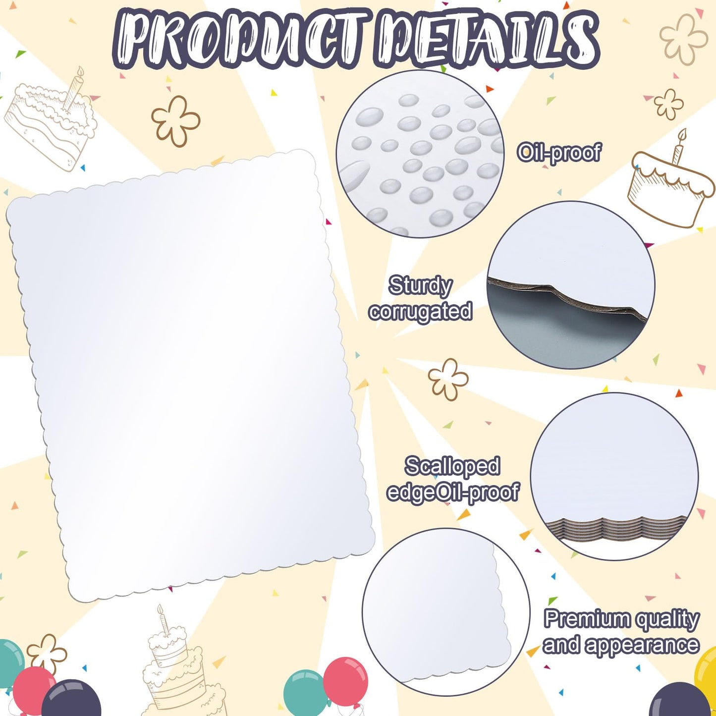 Skyygemm 12 Pack 17 x 25 Inch Greaseproof Rectangle Cake Boards Corrugated Single Wall Pad Half Sheet Cake Board Rectangular Scalloped Dessert Base for Pizza (White)