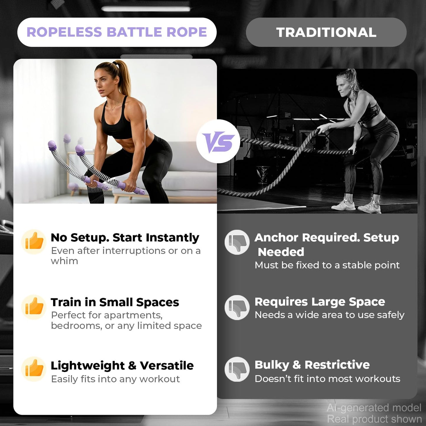 Poonoo Ropeless Battle Ropes Portable Weighted Fitness Equipment Cordless Exercise Rope for Home Gym, Strength Cardio Weights Workout Training, Fitness Gear for Men Women Fitness Trainer Workout