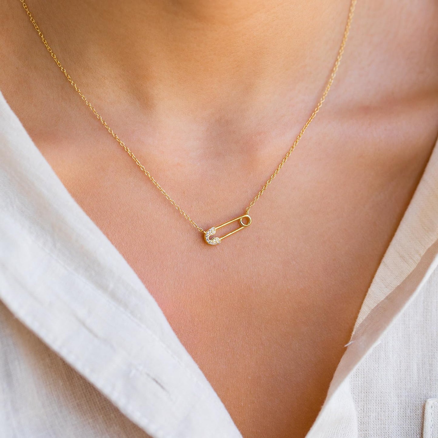 BSGRL Gold Necklace: 14K Gold Plated Dainty Safety Pin Necklace for Women Paved Cubic Zirconia 16.5”+2” in