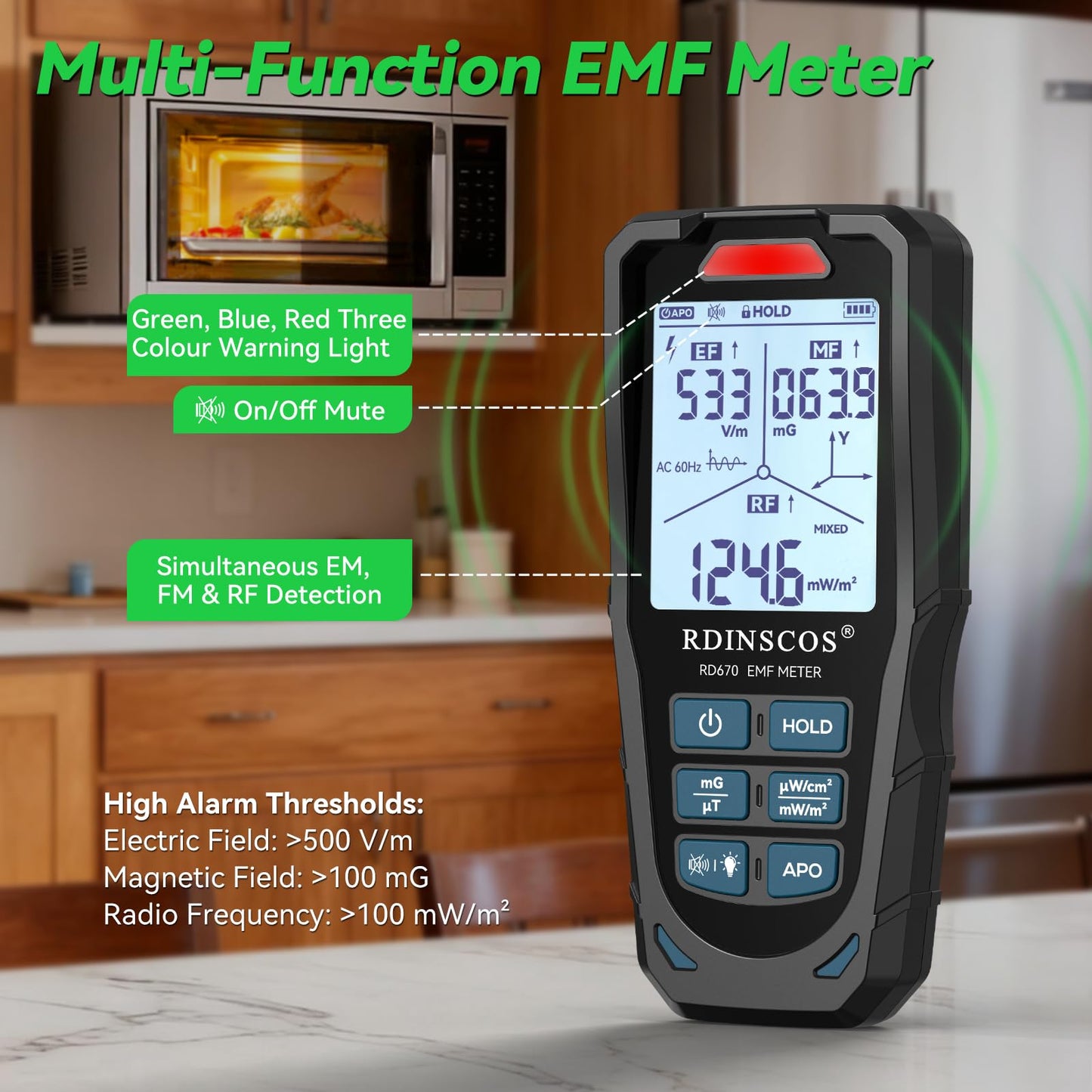 EMF Meter 5G RF Detector – Electric, Magnetic & Radio Frequency Field Tester up to 10GHz, Multi-Sensor EMF Detector for Power Lines, WiFi/Cell Phones, Smart Meters – LCD Display Sound & LED Alerts