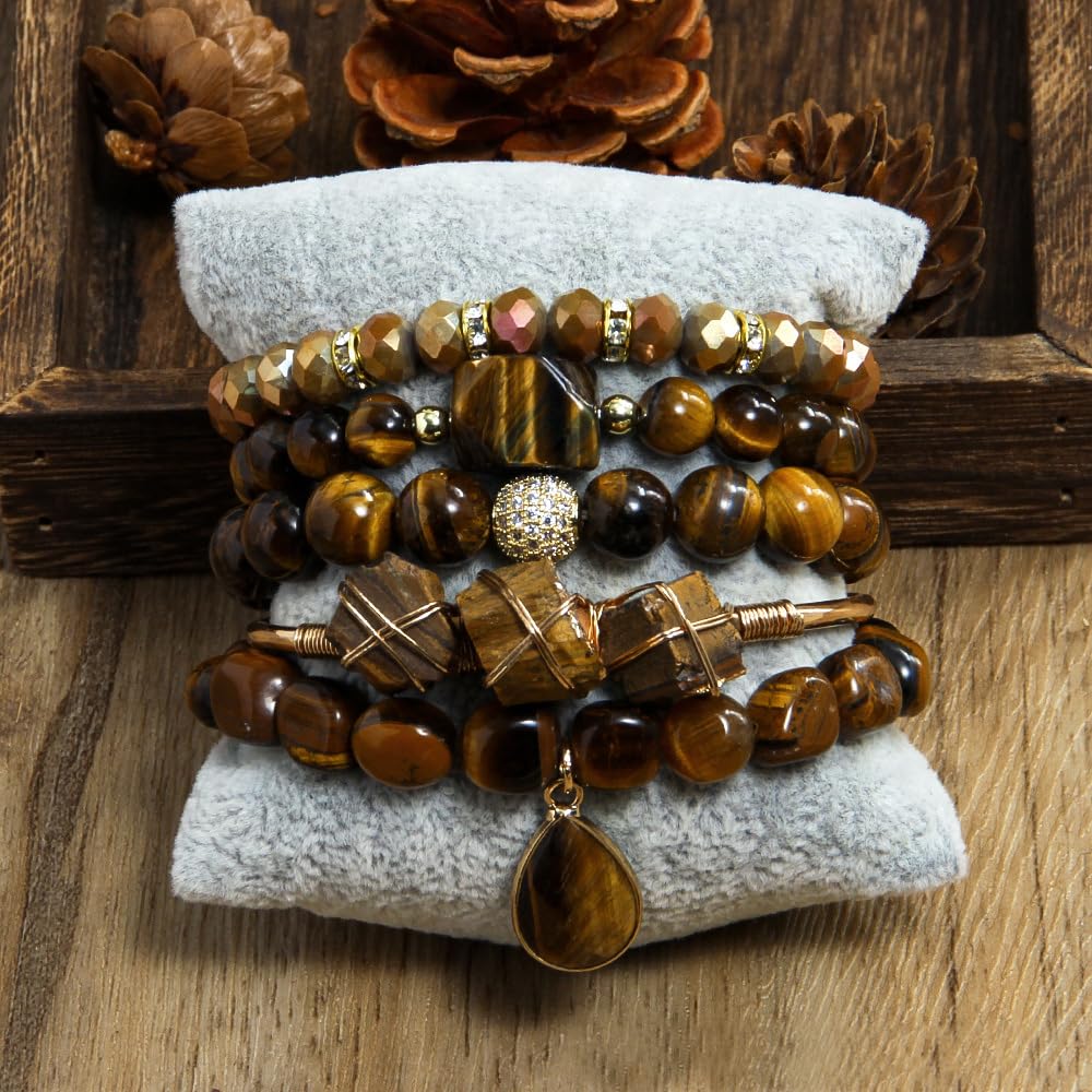 Yomisa Boho Beaded Bracelets/Bangle for Women,Multilayer Wrap 5PCS Healing Natural Tiger Eye Stone Bead Bracelets Handmade Stackable Friendship Stretch Beaded Bracelet Set Trendy Bohemian Jewelry Gift