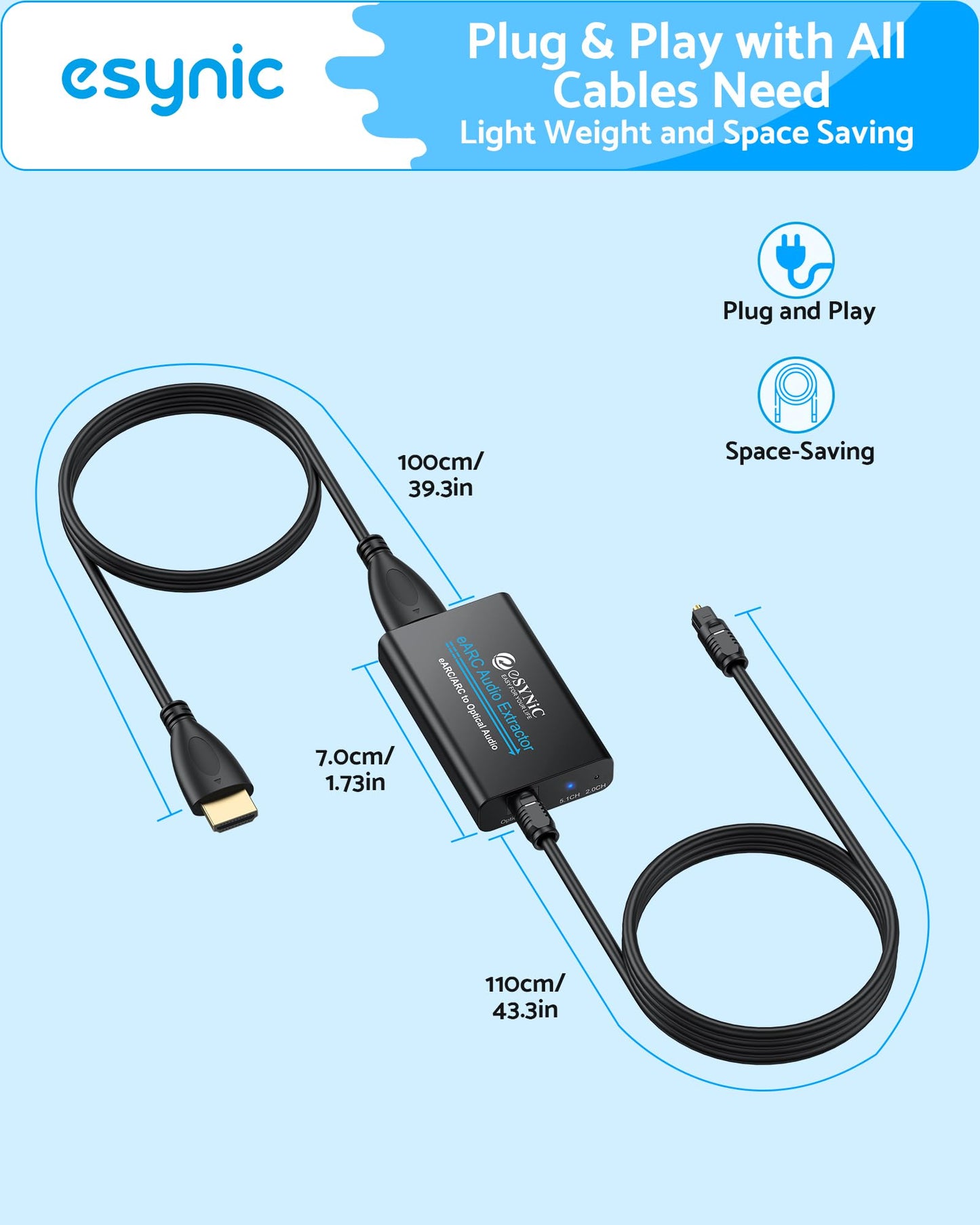 eSynic Professional eARC Audio Extractor-192KHz ARC to Optical Adapter-for HDTV ARC/eARC Ports to Optical Soundbar-Ultra Long 7ft Cable-Easy to Setup-Support PCM 2.0/Dolby 5.1/DTS 5.1 Audio Formats