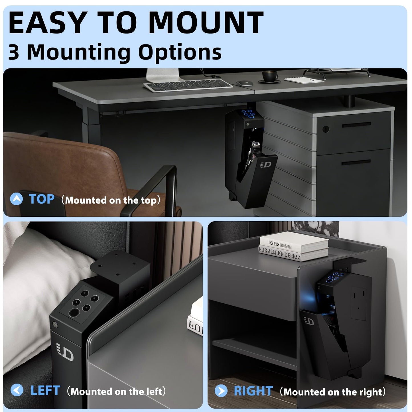 Urban Deco Gun Safe for Handgun Drop Down,Quick Access Pistol Safe Mounted Single Biometric Safes For Nightstand, Desk, Bedside,Vehicle Handgun Safe Auto Open - With Fingerprint, Pin Code, Key Access