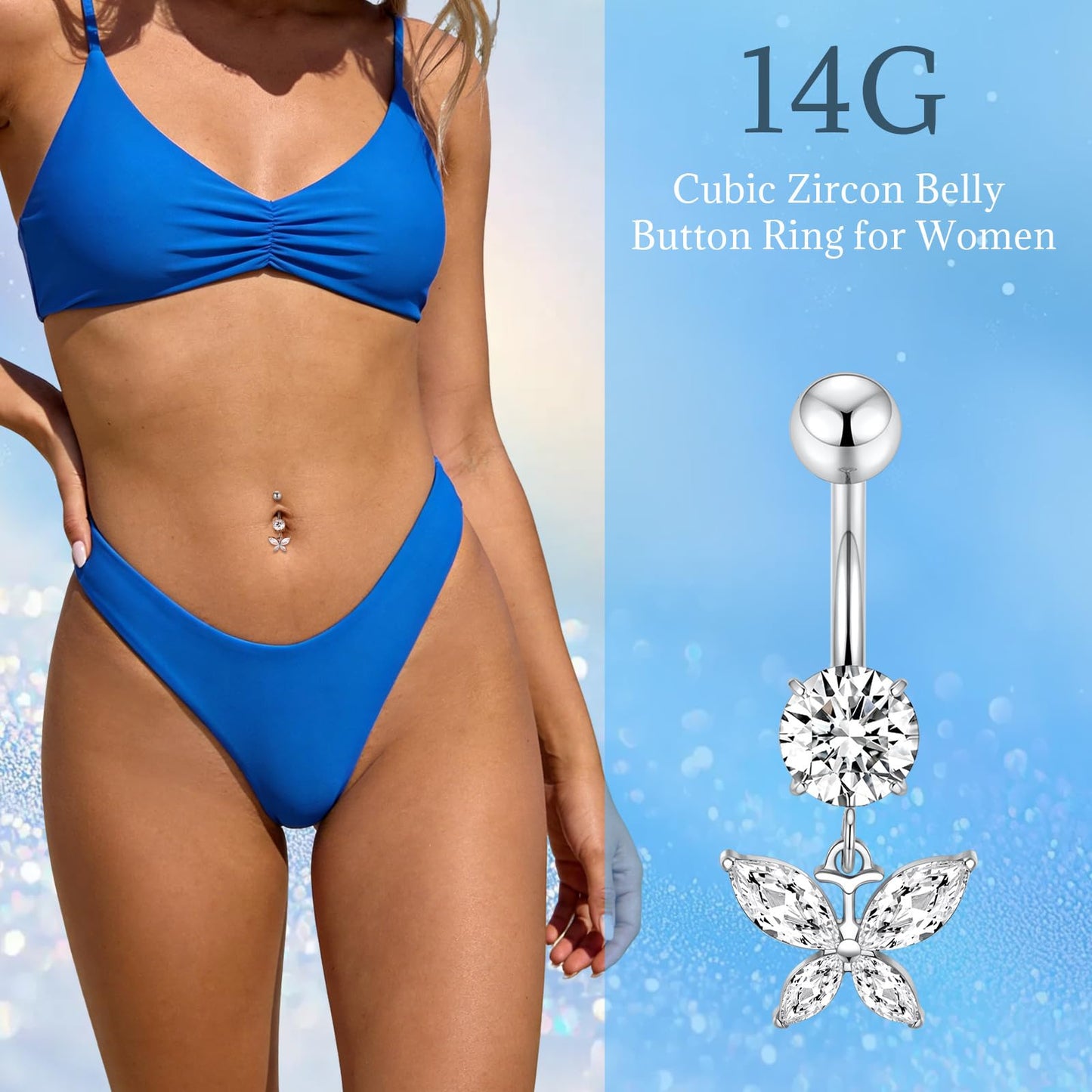 PEAKLINK 14G Belly Button Ring 10mm Dangle Belly Jewelry Internally Threaded Navel Piercing Silver for Women Titanium Curved Belly Barbell with Butterfly CZ Navel Bars