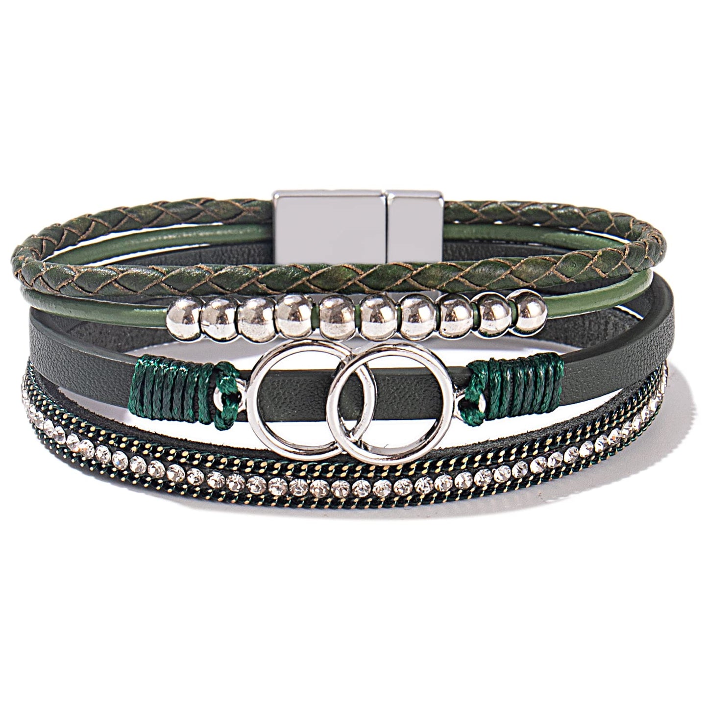FANCY SHINY Boho Leather Wrap Bracelet Stackable Beaded Infinity Chunky Cuff Bracelets with Magnetic Clasp Western Hippie Outfits Jewelry Gifts for Women(Olive Green)