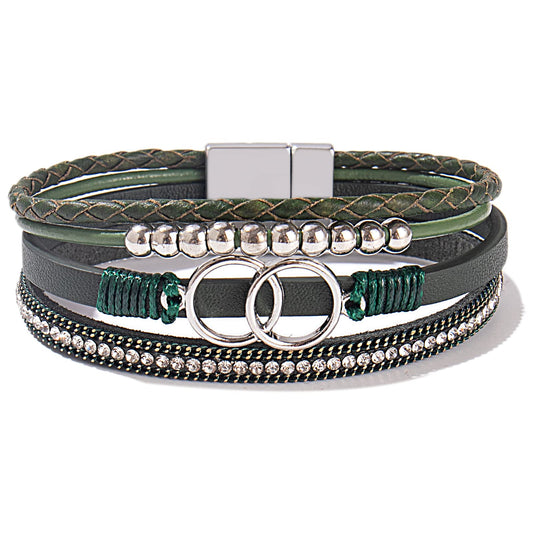 FANCY SHINY Boho Leather Wrap Bracelet Stackable Beaded Infinity Chunky Cuff Bracelets with Magnetic Clasp Western Hippie Outfits Jewelry Gifts for Women(Olive Green)
