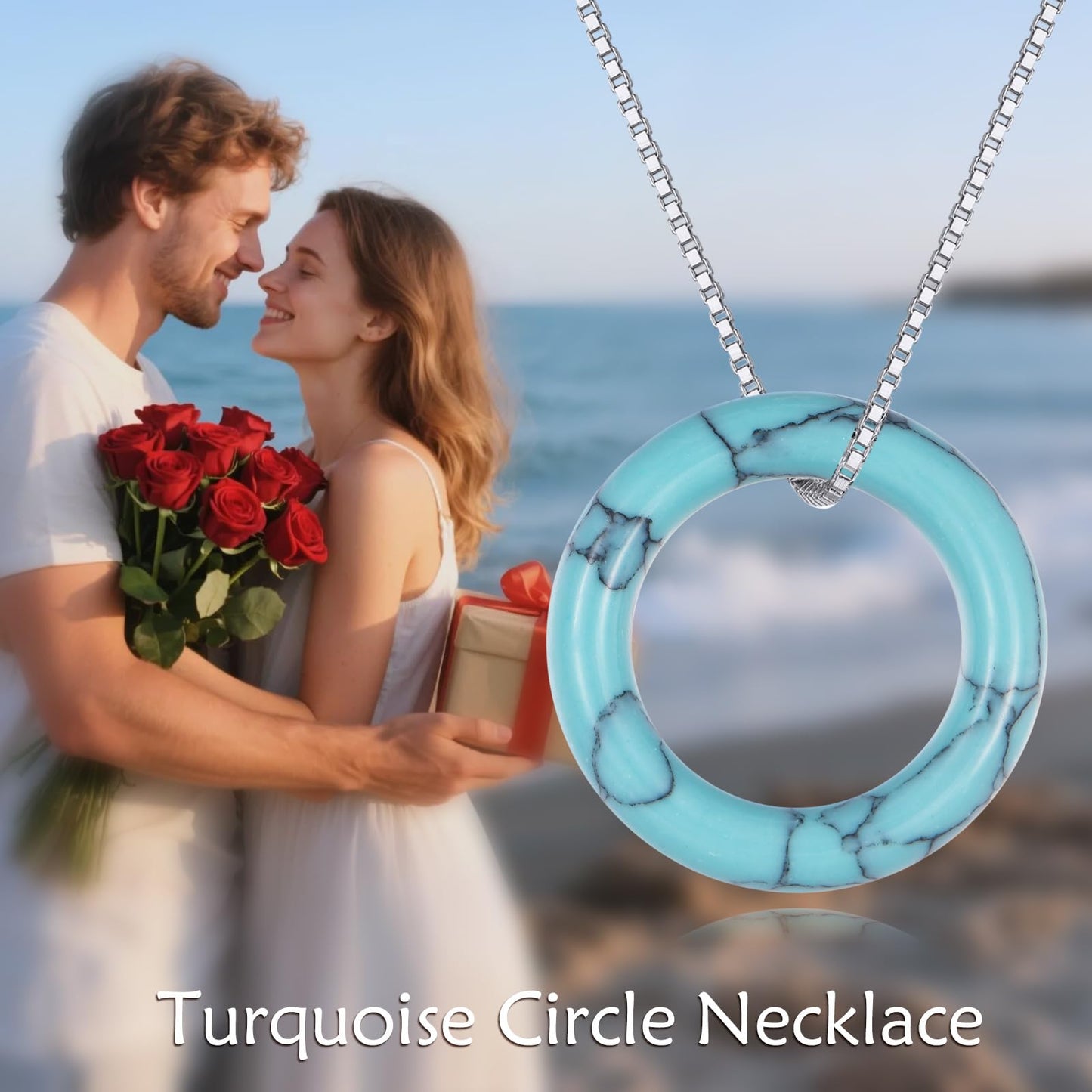 AOBOCO Circle Turquoise Necklace 925 Sterling Silver Circle Necklace for Women with Austrian Crystal Jewelry for Women Birthday Graduation Holiday Gift (Dia 0.78" Turquoise)