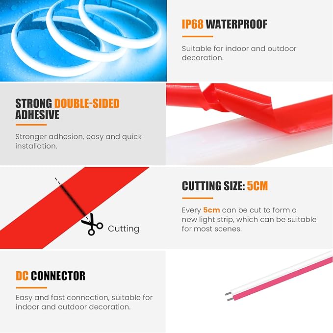 24V COB Neon Strip, 320LEDs/m Ultra-Bright Flexible COB Neon LED Strip, Outdoor Waterproof IP68 Self-Adhesive Tape, Red/White 2-Wire LED Fairy Lights for Patio, Christmas（Ice Blue,3M）