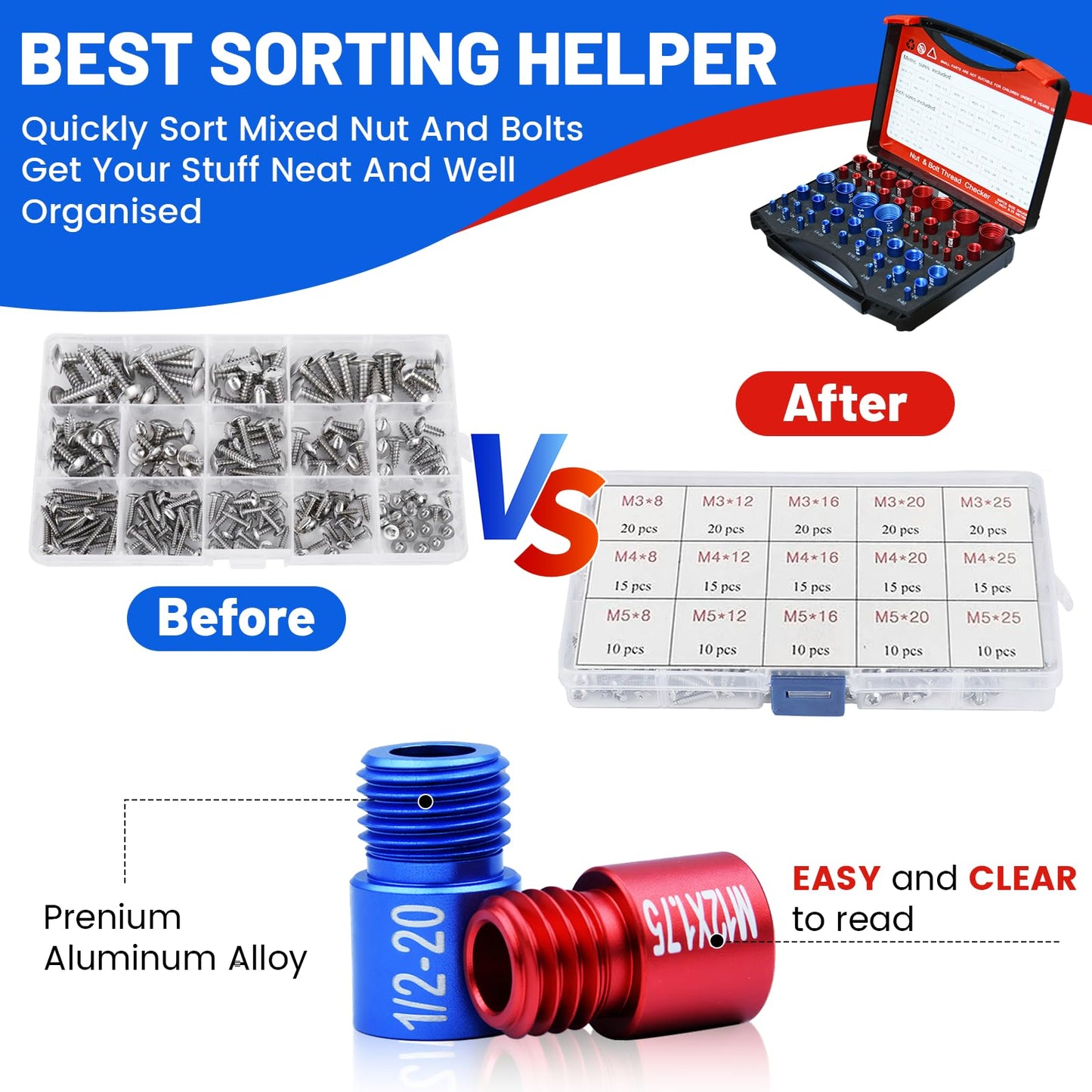 50PCS Thread Checker Kit – SAE & Metric Bolt Thread Checker, Nut & Bolt Size Finder Tool (27 SAE + 23 Metric) – Thread Gauge for Quickly Identifying Screw, Nut, and Bolt Sizes