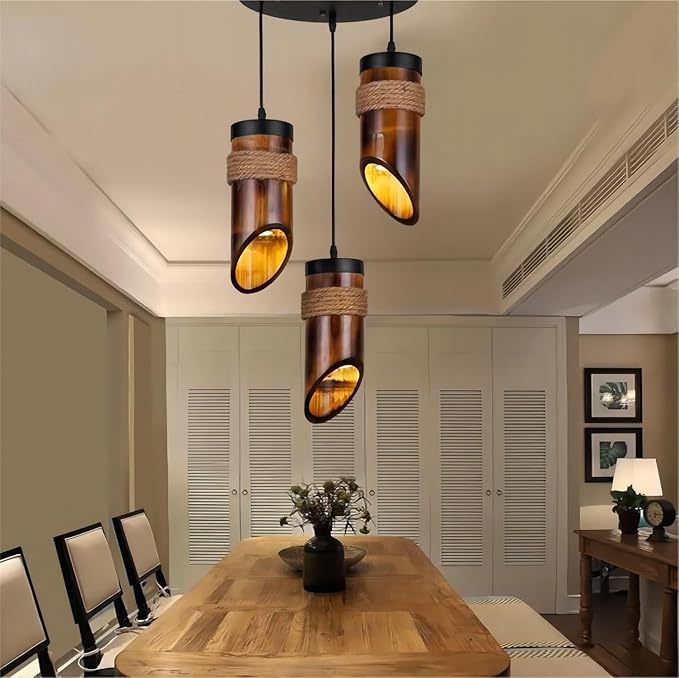 LIGHTLAND Rustic Bamboo Pendant Lights, 12 Inch, 3-Pack for Dining Room, Zen Tea Room, Retro Style
