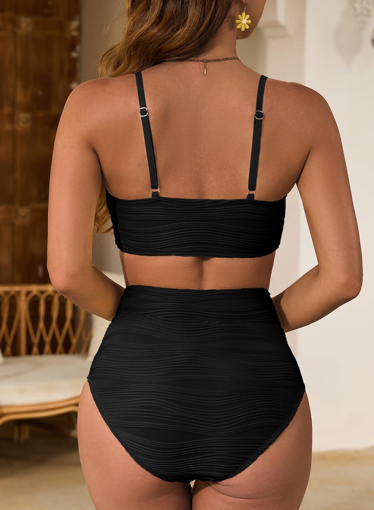 Herseas Women's Textured Bikini Set V Neck High Cut Swimwear Ribbed Metal Ring Sexy 2026 Beach Vacation Essentials Clothes Swim Suits Black Medium