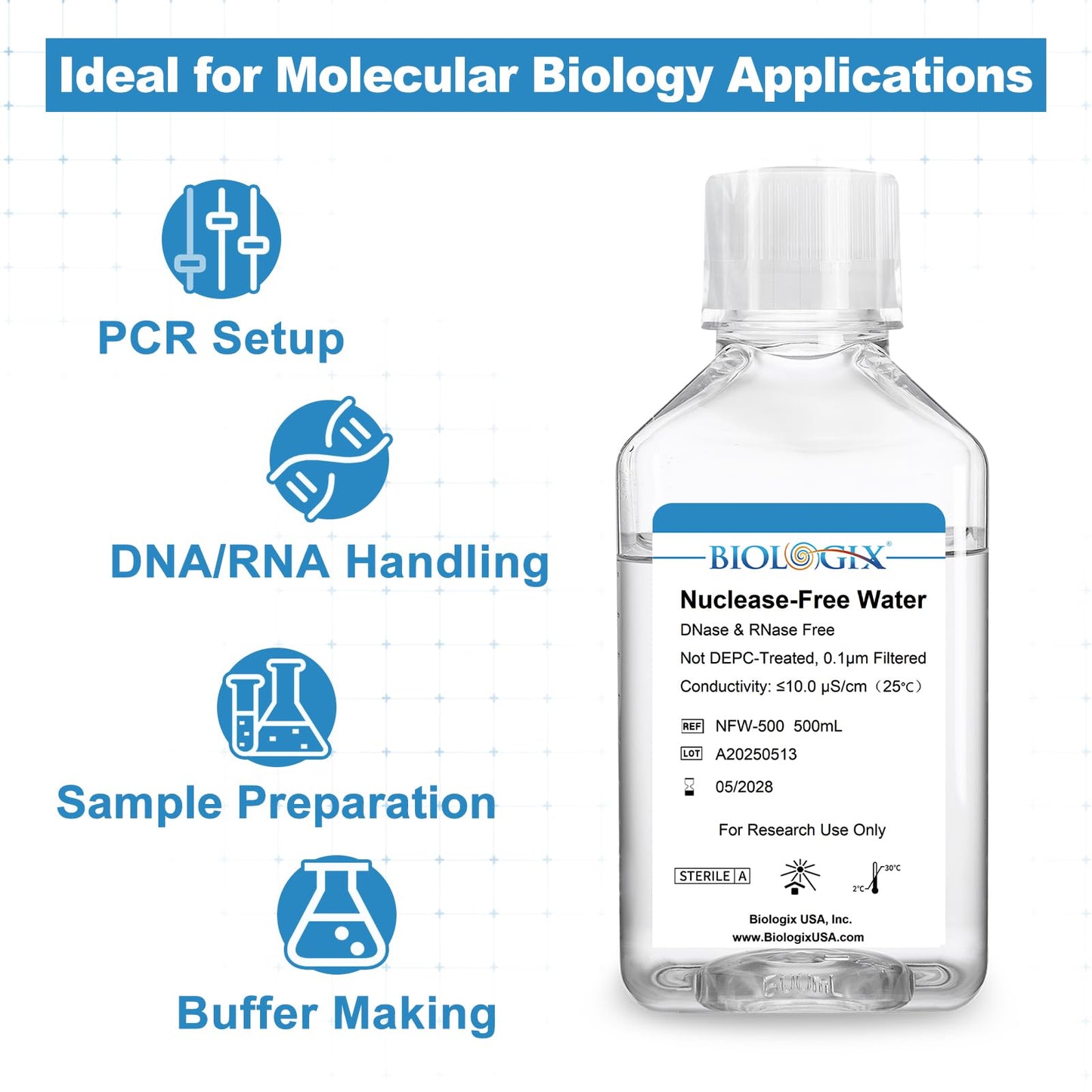 CryoKing Ultra Pure Water, 500mL Nuclease Free Water, DNase/RNase Free, Protease, Endotoxins (Pyrogen) Free, PCR/RT-PCR Certified, for Molecular Biology, PCR, Cell Rinse, for Laboratory Use Only