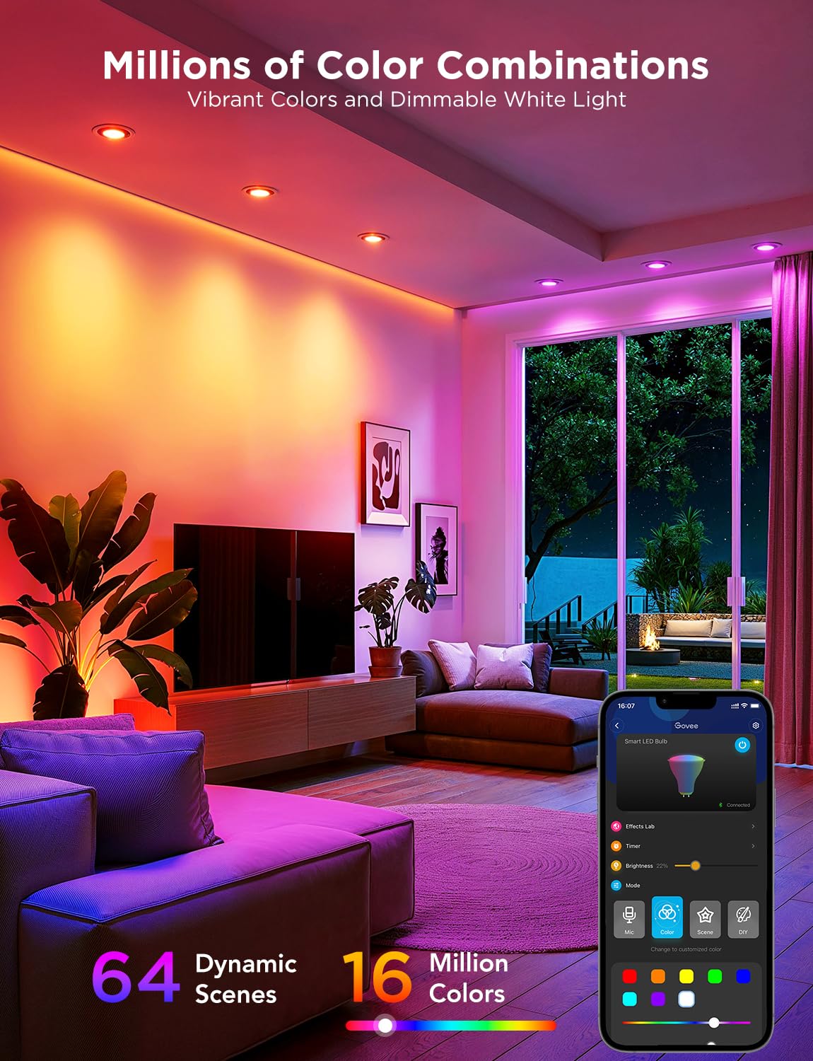 Govee GU10 Smart Bulb, Matter RGBWW Light Bulb Work with Alexa, Google Assistant, WiFi & Bluetooth Color Changing MR16 LED Bulbs, 64 Dynamic Scenes, Syncs with Music, 4 Pack, 400LM, GU10 Base