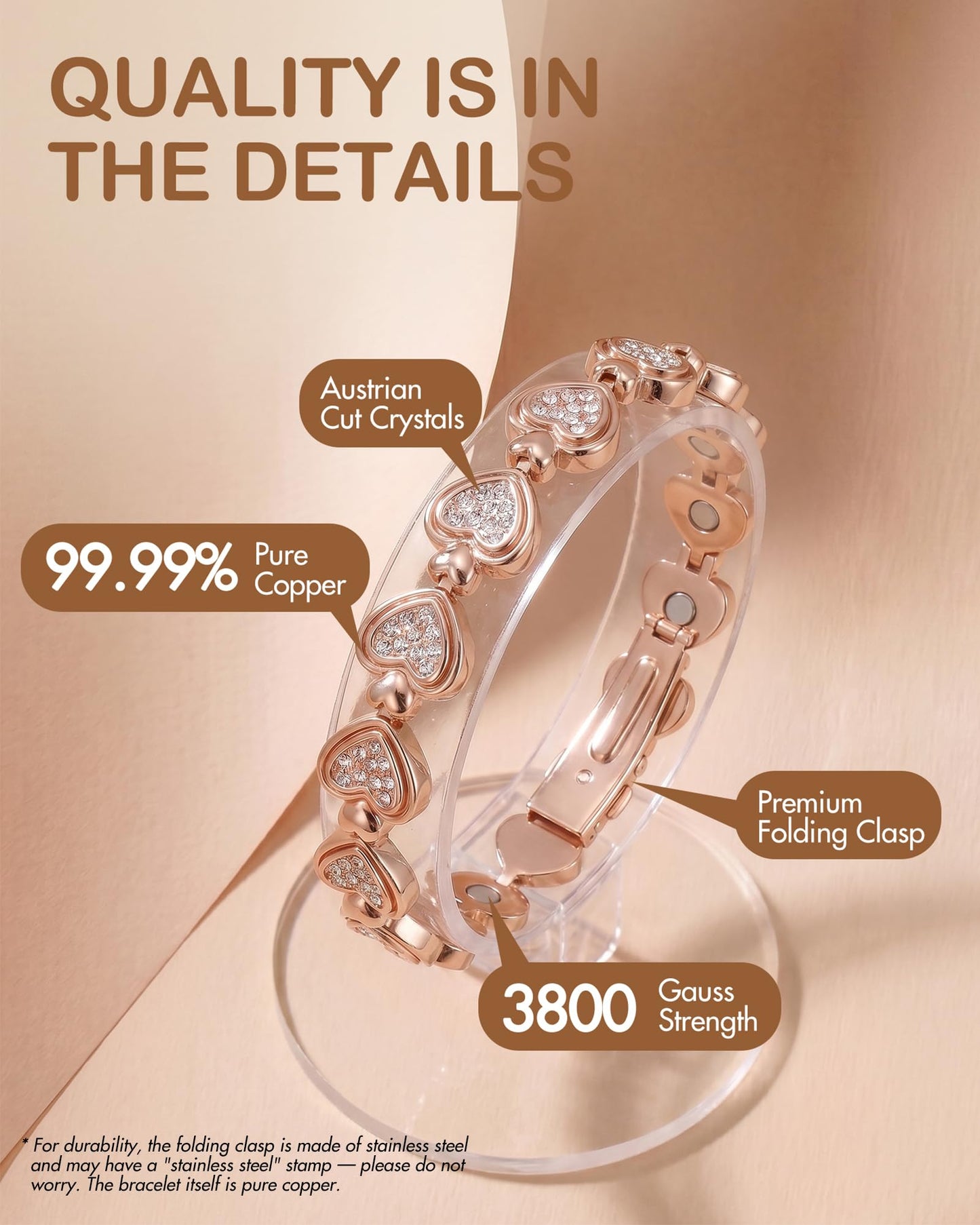 Feraco Pure Copper Bracelets for Women, Ultra Strength Magnetic Bracelet for Women with 3800 Gauss Magnet & Dazzling Austrian Crystals Stone, Heart-Shaped (Rose Gold, 7.09 inches (18cm))