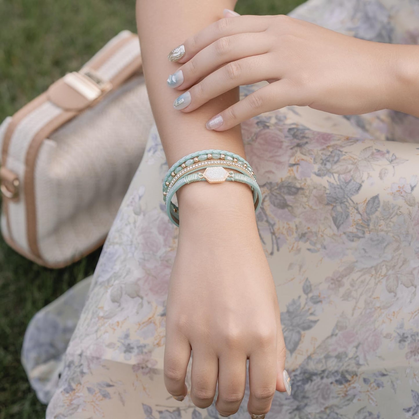 FANCY SHINY Crystal Beaded Leather Wrap Bracelet Stackable Boho Jewelry for Women Trendy Braided Resin Stone Bangle Cuff with Magnetic Clasp(Green)