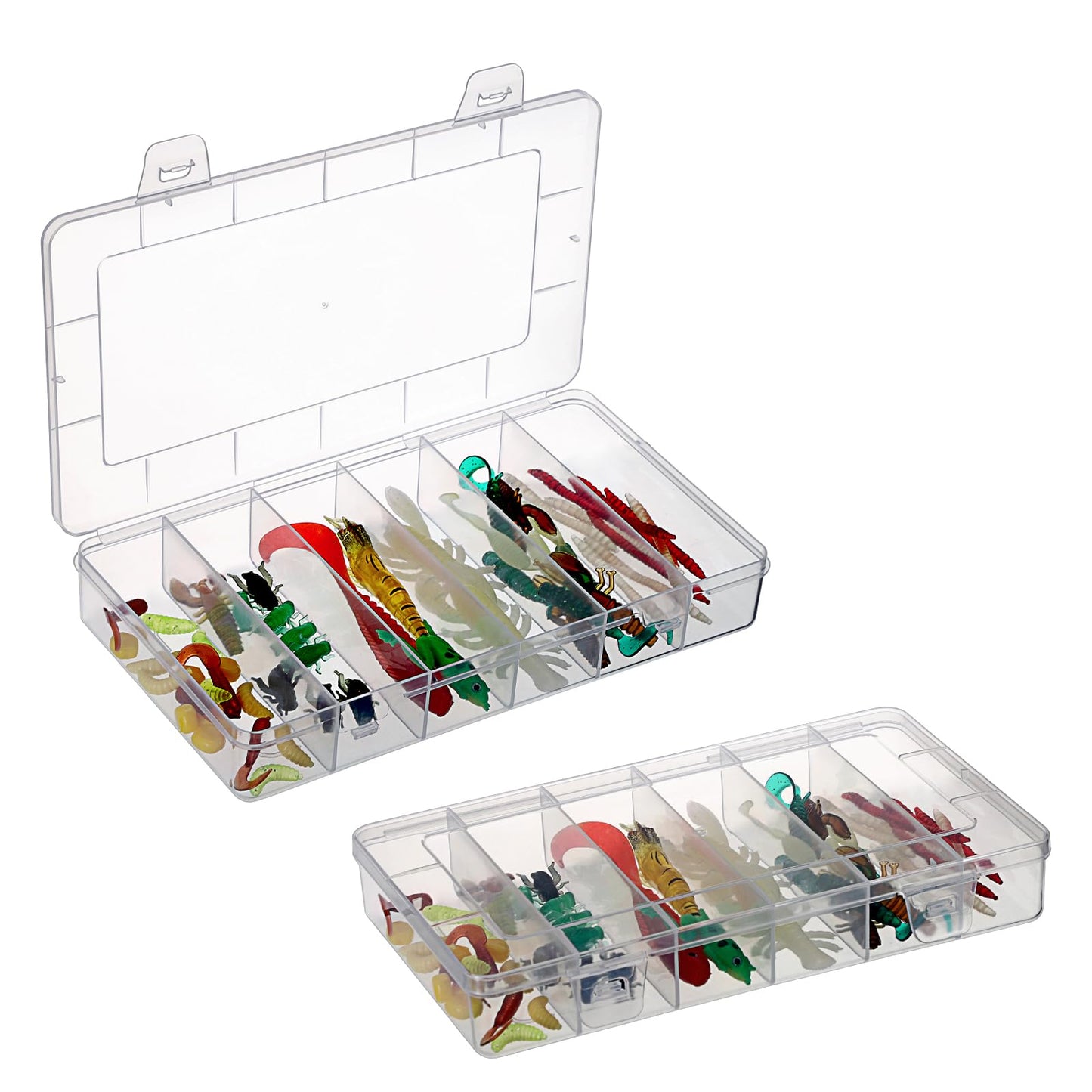 JUXYES 2Pack Plastic Small Fishing Tackle Box Organizer with 6 Compartments, Clear Mini Fishing Tackle Storage Boxes with Dividers, Transparent Fish Pocket Tackle Storage Box Lure Box