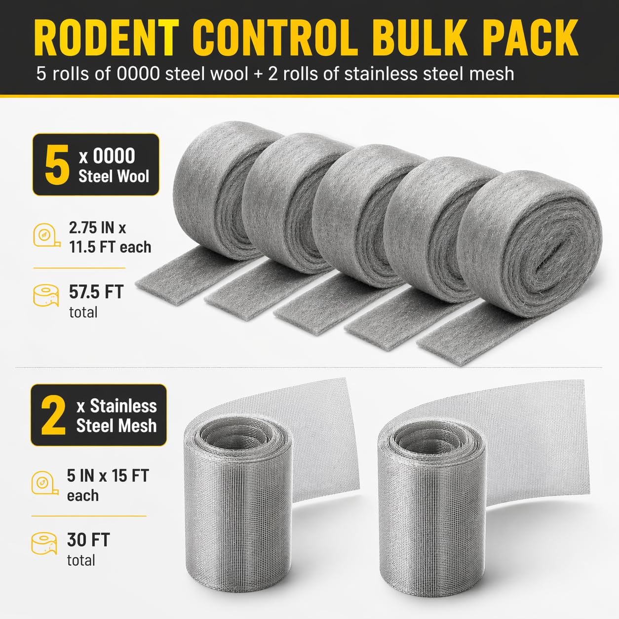 WizCave Steel Wool Bulk - 5 Pack 2.75 in x 11.5 Ft Steel Wools & 2 Pack 5 in x 15 Ft Stainless Wire Mesh, Mouse Hole Filler for House & Garden, Fine SteelWool for Polishing Chrome, Glass