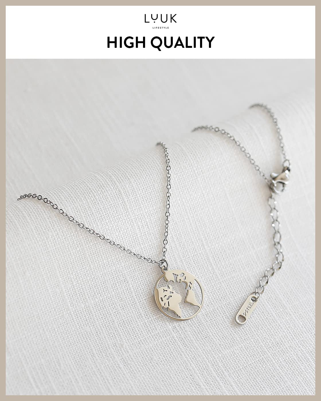 LUUK LIFESTYLE Stainless steel necklace for women with globe, earth pendant and HAPPINESS gift card, simple, minimalistic summer jewelry, festival look, trendy boho style, travel lucky charm, silver