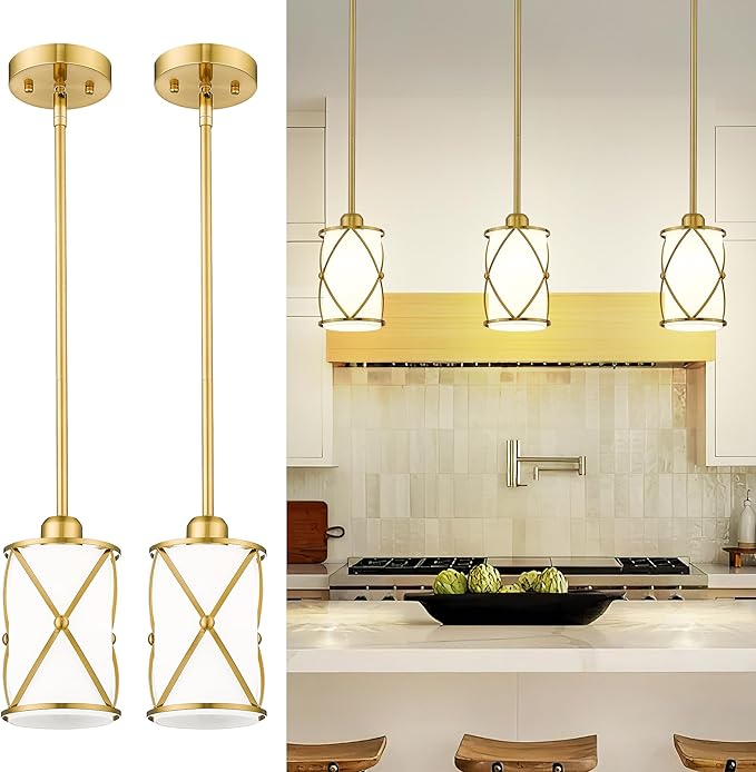 Brushed Gold Pendant Lights Kitchen Island, Modern 2 Pack Pendant Light with Frosted Glass, Farmhouse Mid Century Pendant Lighting for Dining Room, CH9176BGW-2PK