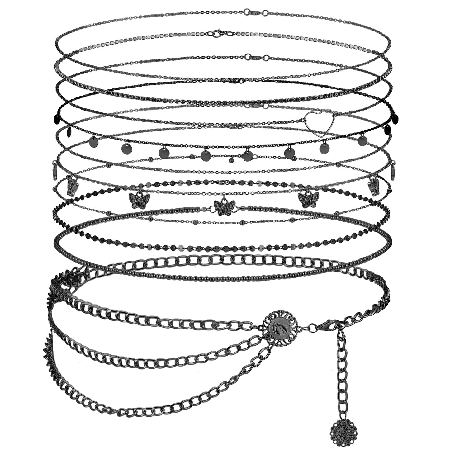 Lenwen 10 Pcs Summer Beach Belly Chain Adjustable Waist Multi Layered Chain Waist Jewelry for Women Girls Multilayer Body(Stylish Style,Black)