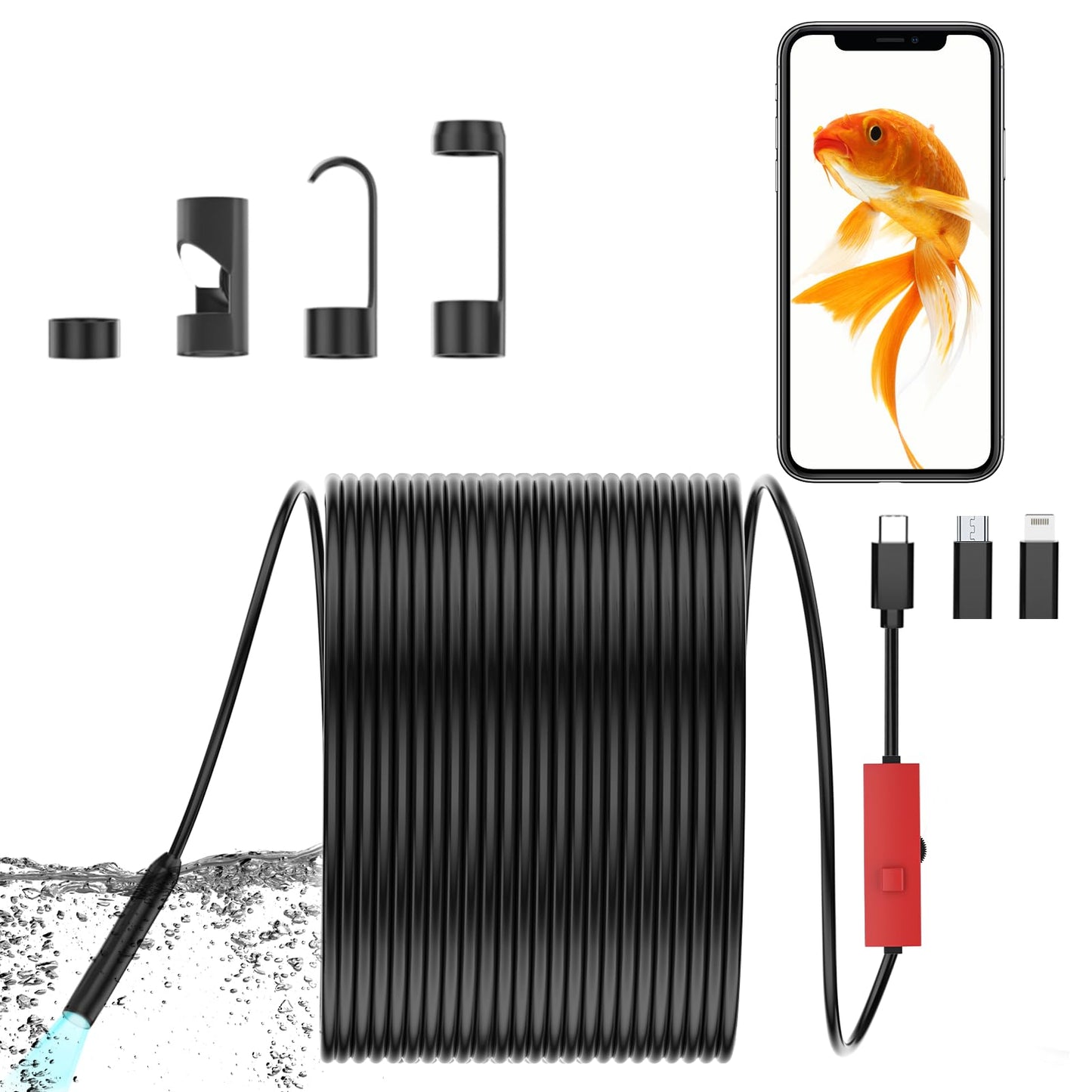 Endoscope Camera with Light, 1920P HD Borescope Camera with Light,Semi-Rigid Inspection Endoscope with 8 Adjustable LED, IP68 Waterproof Drain Scope Camera for for iOS/Android,16.4ft