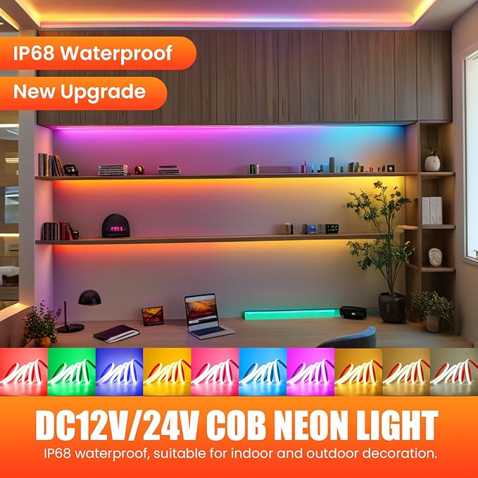 24V COB Neon Strip, 320LEDs/m Ultra-Bright Flexible COB Neon LED Strip, Outdoor Waterproof IP68 Self-Adhesive Tape, Red/White 2-Wire LED Fairy Lights for Patio, Christmas（Pink,17M）