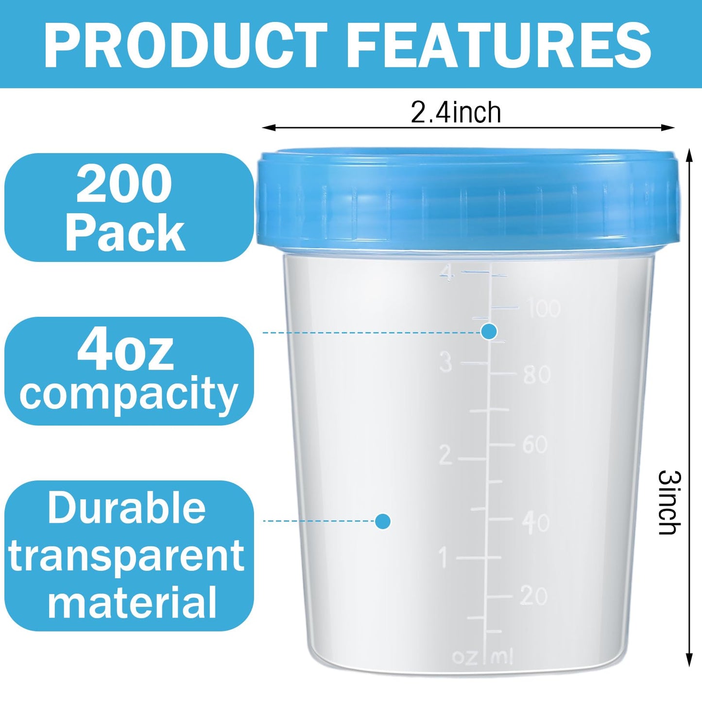 Geiserailie 200 Pcs Disposable Specimen Cup Urine Pee Cups for Testing 4oz Specimen Container with Leak Proof Screw on Lids for Safe Urinalysis Pee Stool Sample Collection Analysis (Blue)