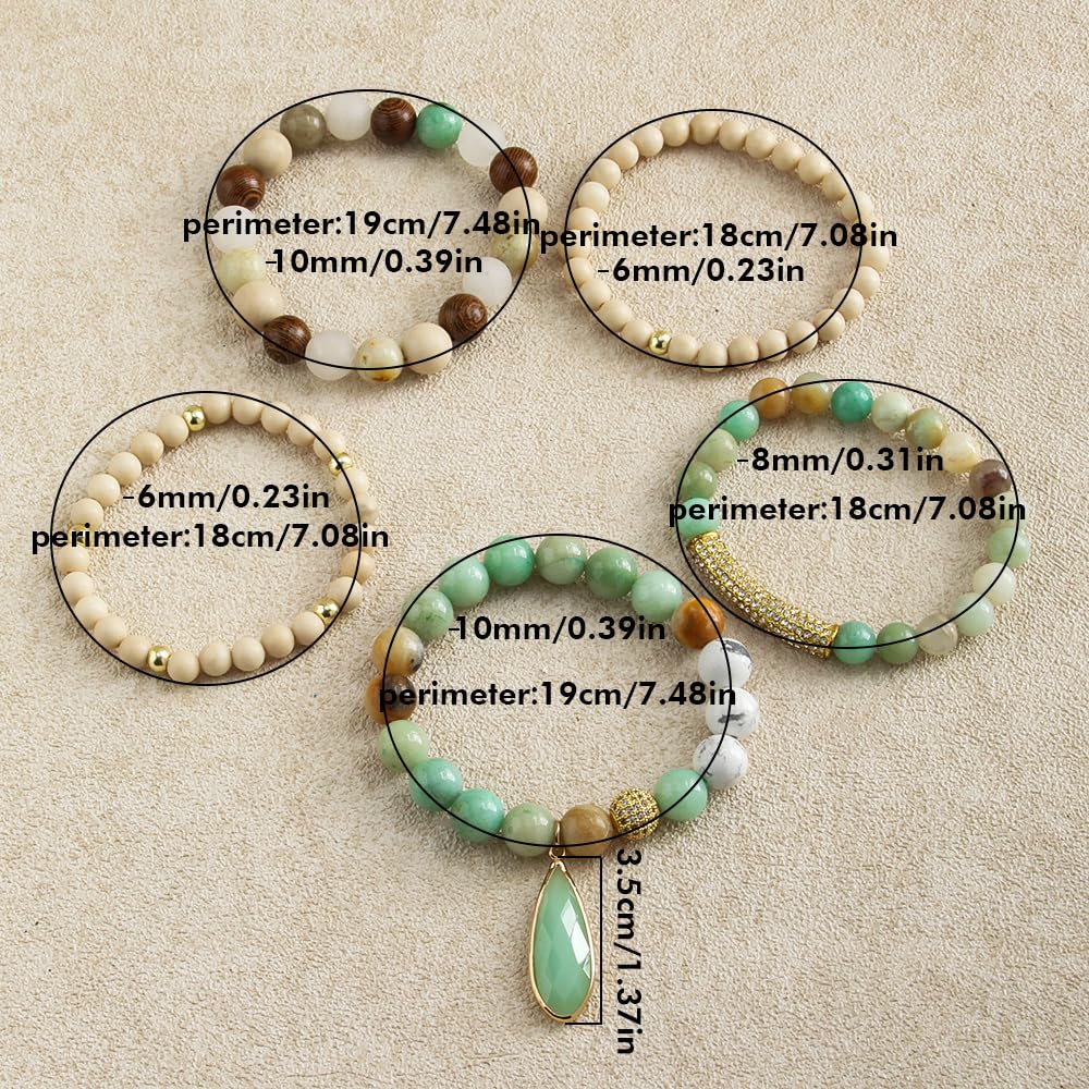 Yomisa Boho Beaded Bracelets/Bangle for Women,Multilayer Wrap 6PCS Healing Natural Pink Crystal Stone Bead Bracelets Stackable Friendship Stretch Beaded Bracelet Set Trendy Bohemian Jewelry Gift
