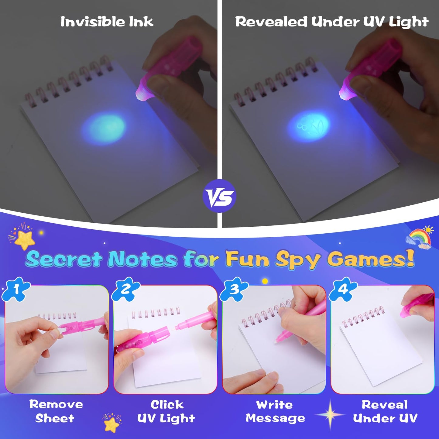 QANIY 48PCS Invisible Ink Pen with UV Black Light Party Favor for Kids, Magic Marker for Secret Messages, Writing Information for Birthdays, Easter, Halloween, for Students