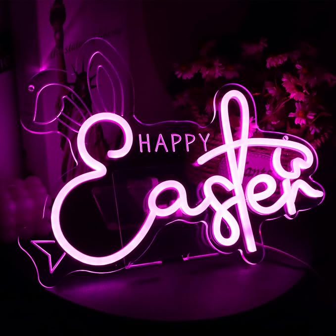 Happy Easter Neon Sign Bunny Neon Light Sign Dimmable LED Signs for Wall Light Up Sign Decoration Easter Rabbit Bunny Neon Wall Sign Decor Gift