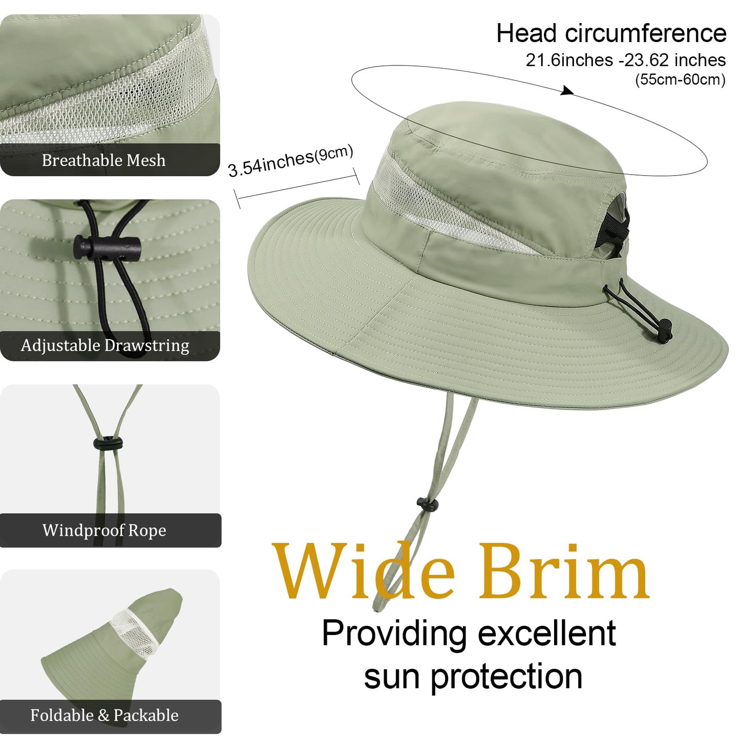 Bucket Sun Hat for Women Wide Brim Breathable Mesh UPF50+ Safari Hat Criss Cross Ponytail Hole Outdoor Rain Hat Pea Green