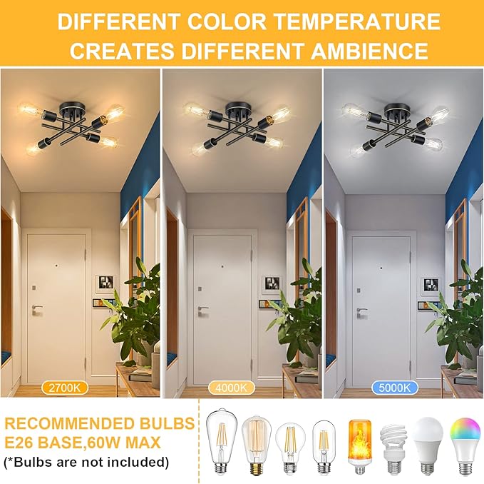 SunRider Industrial 4-Light Semi Flush Mount Ceiling Light Fixture, Oil Rubbed Bronze Hallway Lights, Retro Metal Sputnik Chandelier for Living Room