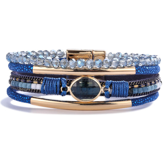 FANCY SHINY Leather Wrap Bracelets Crystal Beads Bracelet Boho Cuff Stone Charm Bracelets with Clasp Costume Jewelry for Women(Navy Blue)