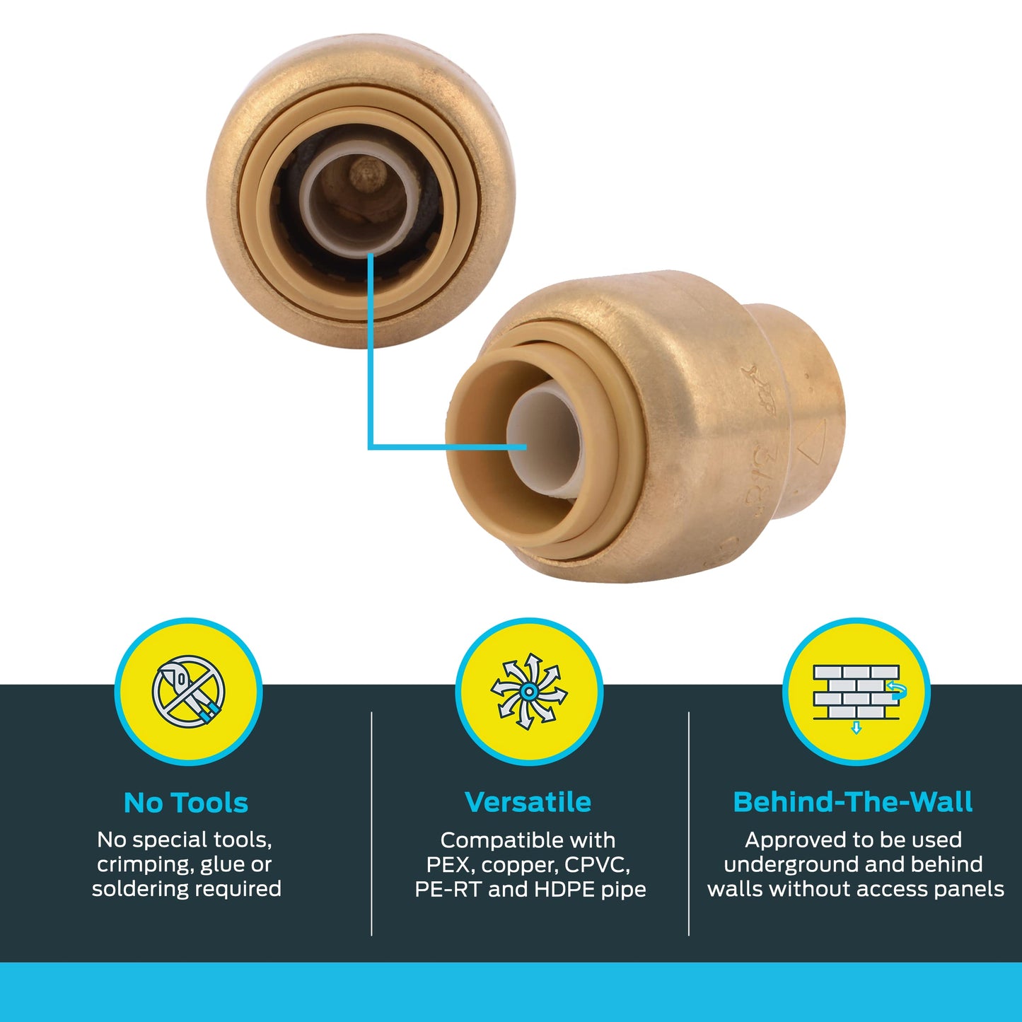 SharkBite 3/8 Inch (1/2 Inch OD) Push Cap, Pack of 6, Push to Connect Brass Plumbing Fitting, PEX Pipe, Copper, CPVC, PE-RT, HDPE, U512LF