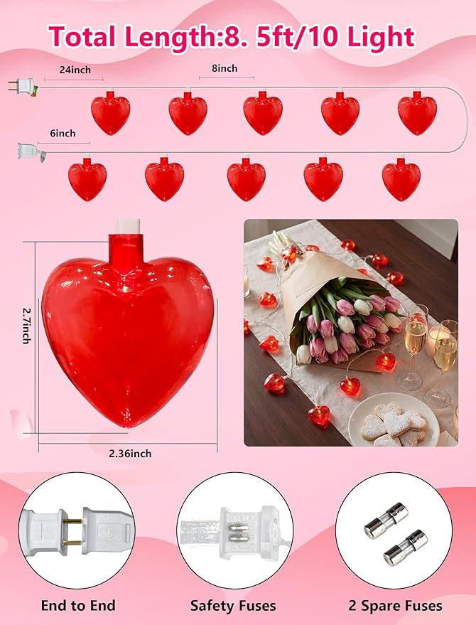 8.5Ft Valentine's Day Heart String Lights, Valentine Decorations Fairy String Lights with 10 Red Heart Lights, Connectable Love Heart Lights for Valentine's Day, Party, Wedding, Holiday Decorations