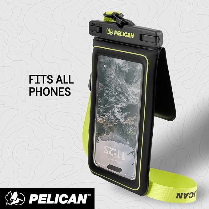 Pelican Marine - IP68 Waterproof Phone Pouch w/Storage Pocket (Large) - Floating Waterproof Phone Case - Beach Cruise Travel Essentials - Fits All Phones - Detachable Lanyard - Black/Hi-Vis Yellow