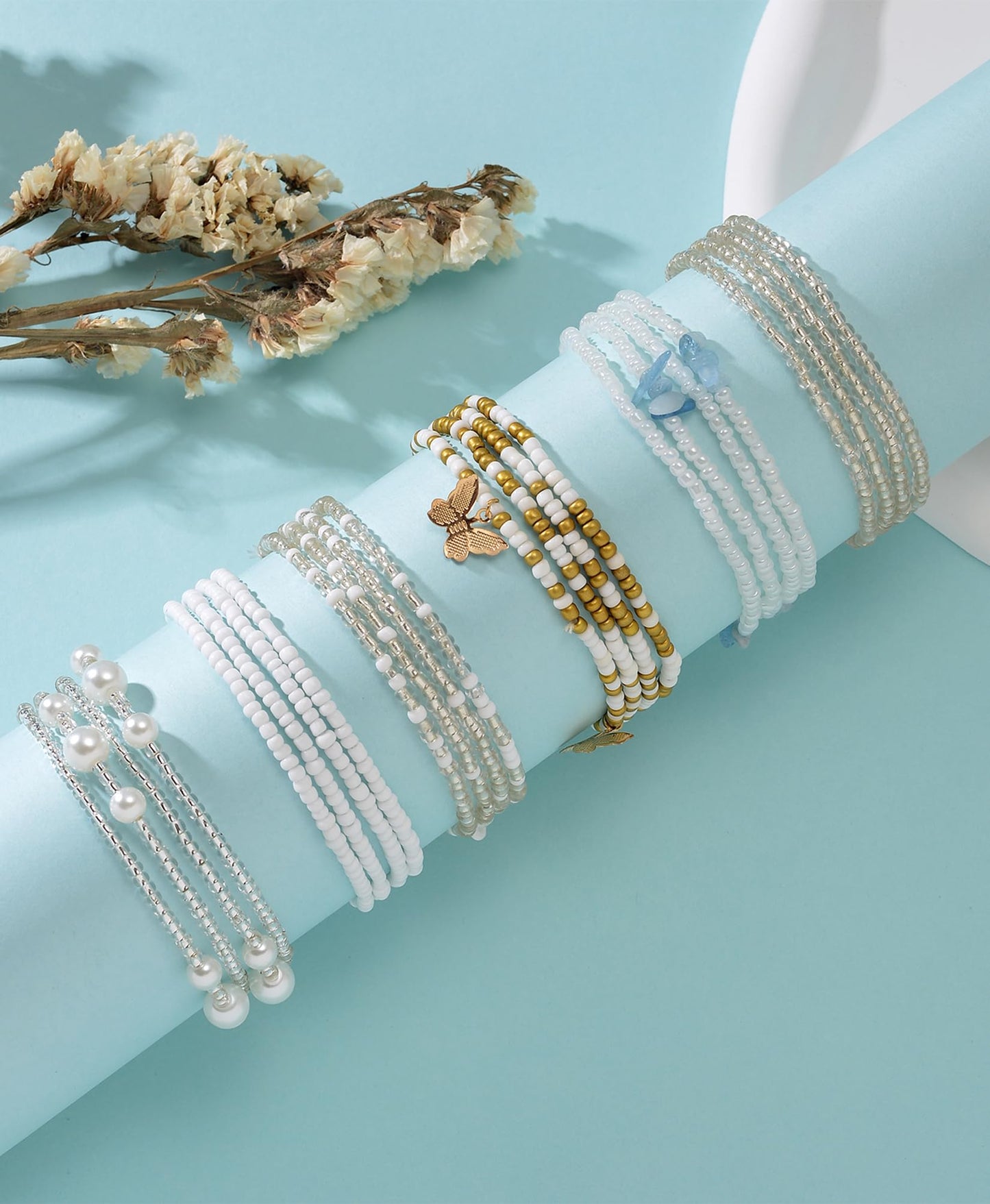 Tornito 8Pcs 31.5 Inches African Waist Bead Chain Elastic Belly Beads Butterfly Shell Layered Body Chain Colorful Jewelry Accessories for Women (C:8Pcs(White))