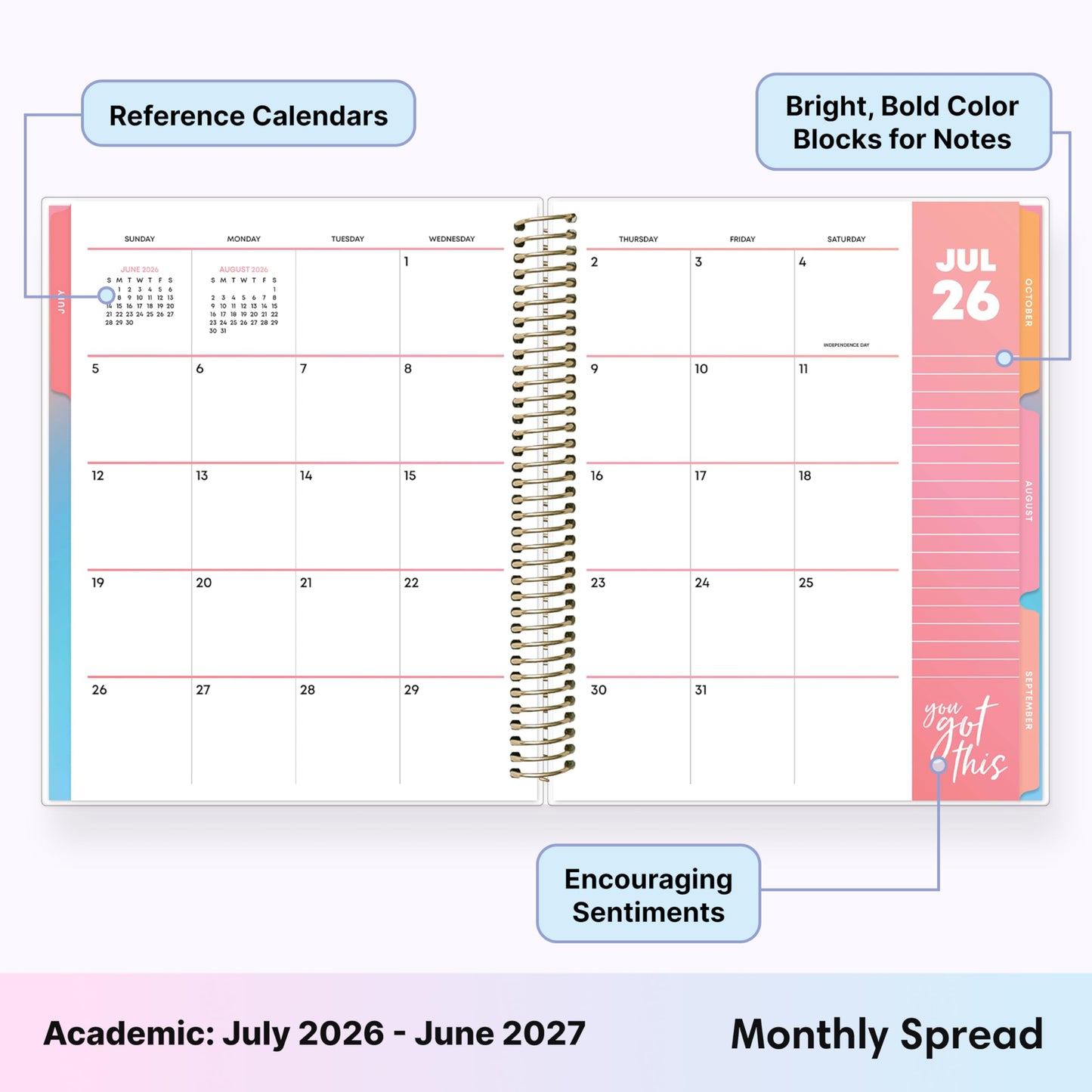 Blue Sky Livewell 2026-2027 Weekly and Monthly Academic Year Planner Calendar, July 2026 - June 2027, 7" x 9", Flexible Cover, Wirebound, Colorful Interior, Laminated Tabs, Storage Pocket, Includes Stickers, Rainbow