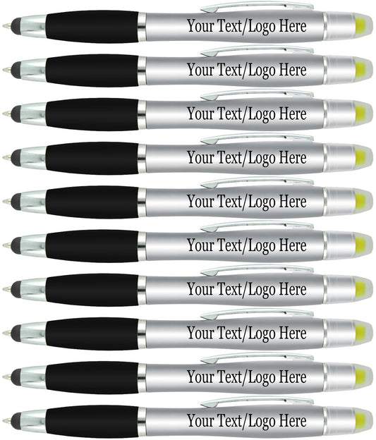SyPen Personalized Pens with Gel Highlighter and Stylus -200 Pack Bulk-Free Imprint - 3 In Bible Highlighter No Bleed, Ballpoint Pen, and Stylus Combo- add Custom Name, Logo or Gift Message- Silver