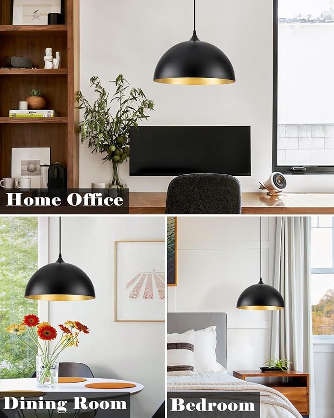 Black Pendant Lights Kitchen Island 2 Pack, 14 Inch Large Dome Pendant Light, Black and Gold Farmhouse Pendant Light, Island Pendant Lights for Kitchen, Dining Room