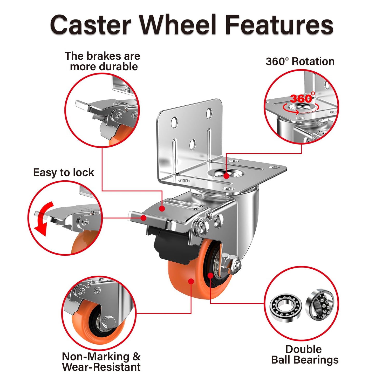 ASHGOOB 2inch L-Shaped Caster Wheels, Side Mount Casters Set of 16, Heavy Duty Casters with Brake, Double Bearing Locking Polyurethane(PU) Wheels for Baby Beds/Cabinets/Furniture（16 Pack