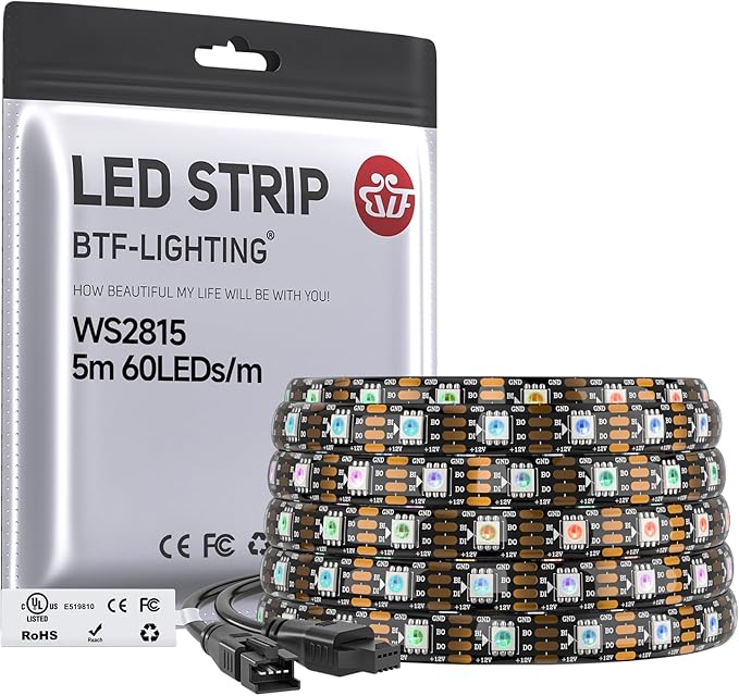 BTF-LIGHTING WS2815 (Upgraded WS2812B) LED Strip Light,UL Listed,16.4FT 300 LED/Pixels,Flexible Chasing RGB,Dual Signal Individually Addressable,5050SMD,3M Tape,DC12V IP65(No Adapter or Controller)