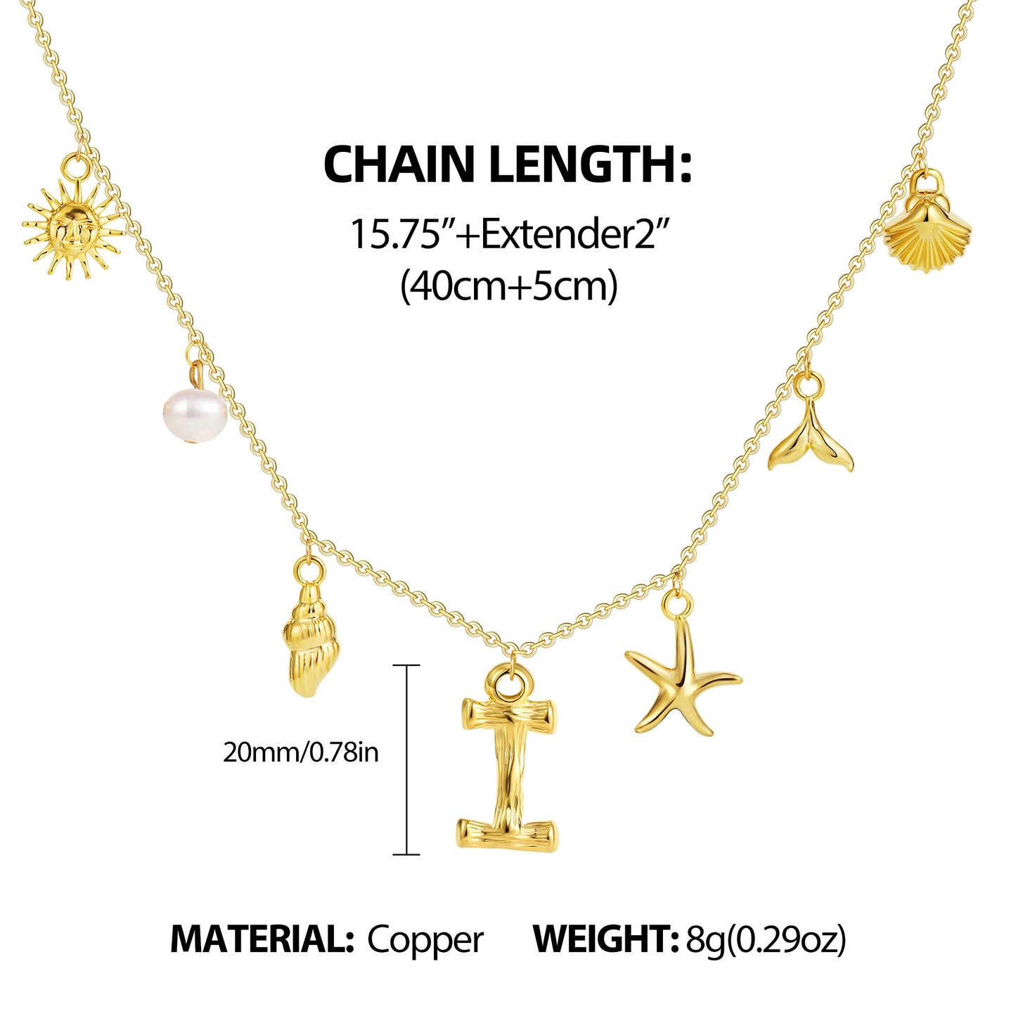 SLOONG Initial Charm Necklace 14K Gold Plated Letter Neckalce Freshwater Pearl Necklace Choker Boho Summer Seashell Beach Starfish Surfer Jewelry Gifts for Women I
