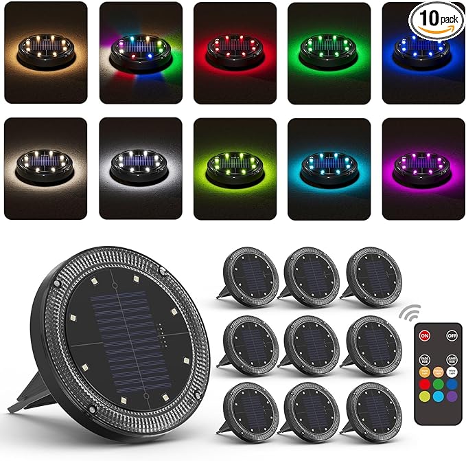Color Changing Solar Ground Lights with 33ft Long Distance Remote Control - Flat Solar Lights Outdoor Waterproof - Pathway Lights Solar Powered for Yard Decorative Outside Lawn Walkway [10 Pack]