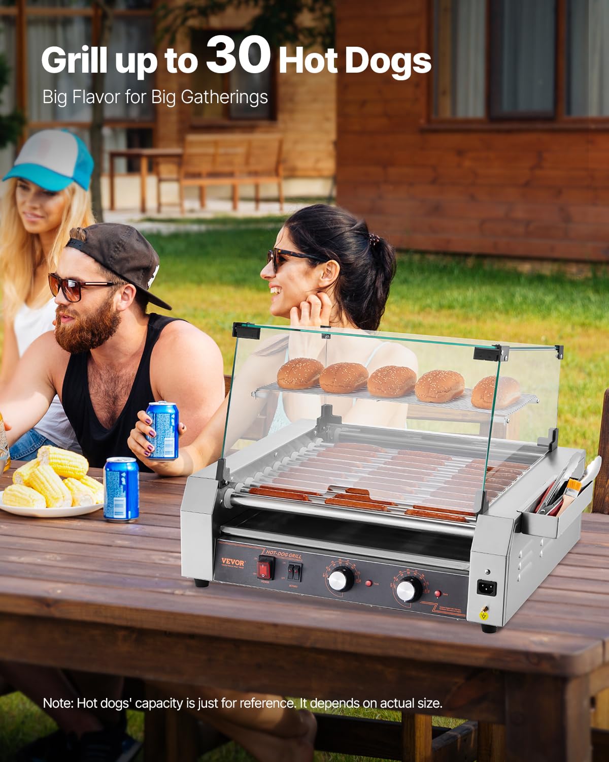 VEVOR Hot Dog Roller, 30 Hot Dog 11 Rollers, Stainless Steel Sausage Grill Cooker, 1600W Commercial Hot Dog Machine with Dual Temp Control, Cover, Side Storage Box, Removable Shelf & Oil Drip Tray