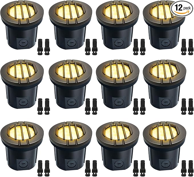 6W Well Lights, Grated Top, 3000K, 12-24V AC/DC, Outdoor In-ground Lights with Wire Connectors, IP65 Waterproof Low Voltage Lighting for Garden Fence Pathway Deck, ETL Certified, 12 Pack