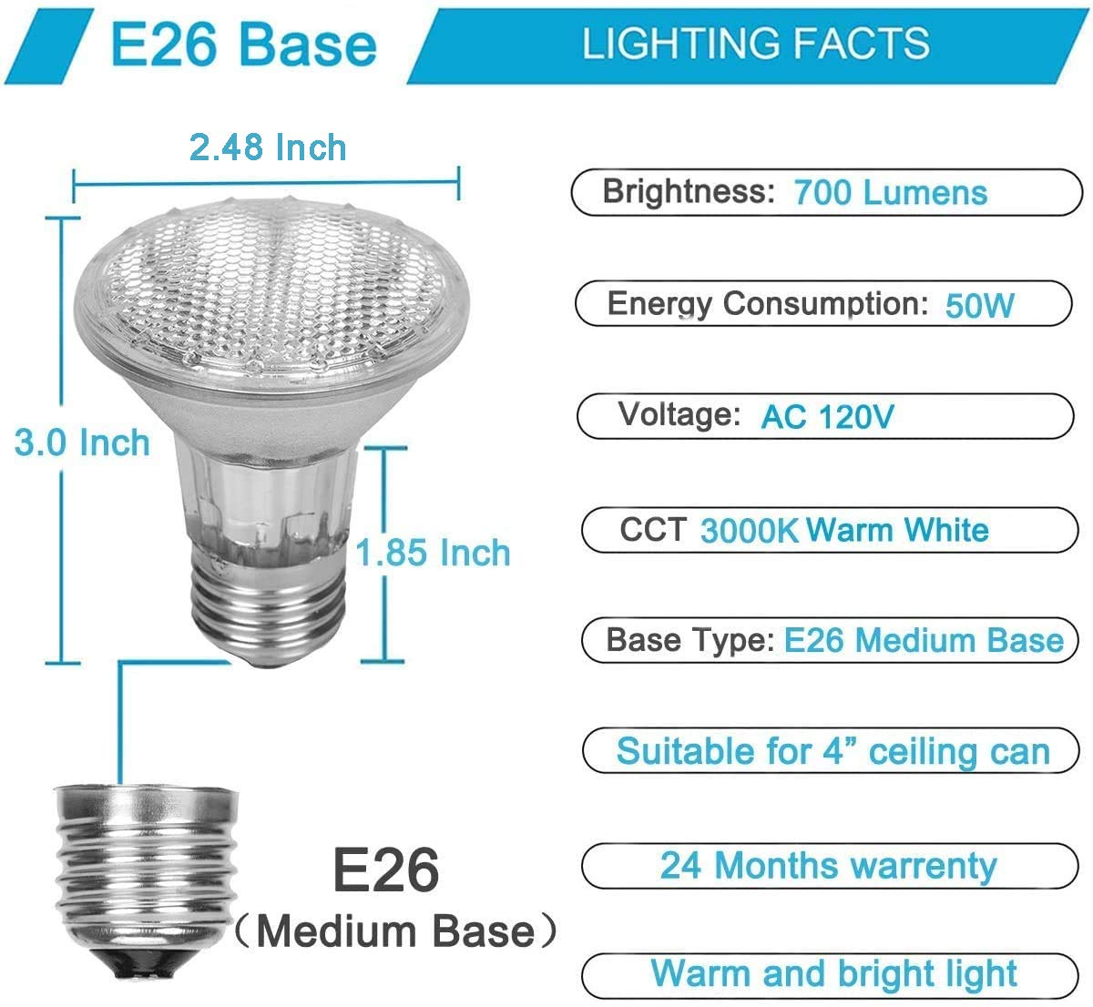 Vinaco Par20 Bulbs, 6 Pack 120V 50W Par20 Flood Light Bulbs, E26 Medium Base Long Lasting Life High Output Par20 50W Halogen Bulb -Warm Light