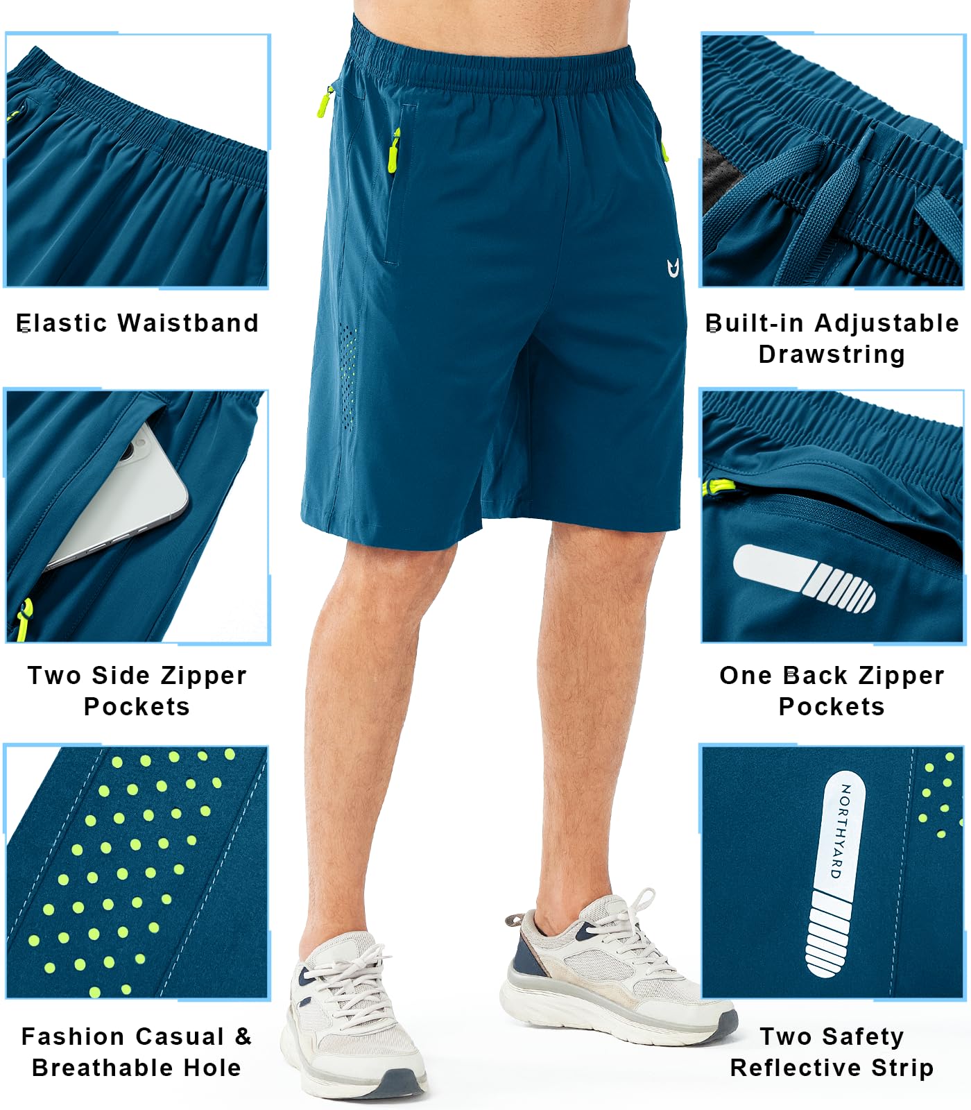 NORTHYARD Men's Athletic Running Shorts Gym Workout 7"/9"/5" Quick Dry Lightweight Sports Basketball Tennis 3 Zipper Pockets SEABLUE-9inch M